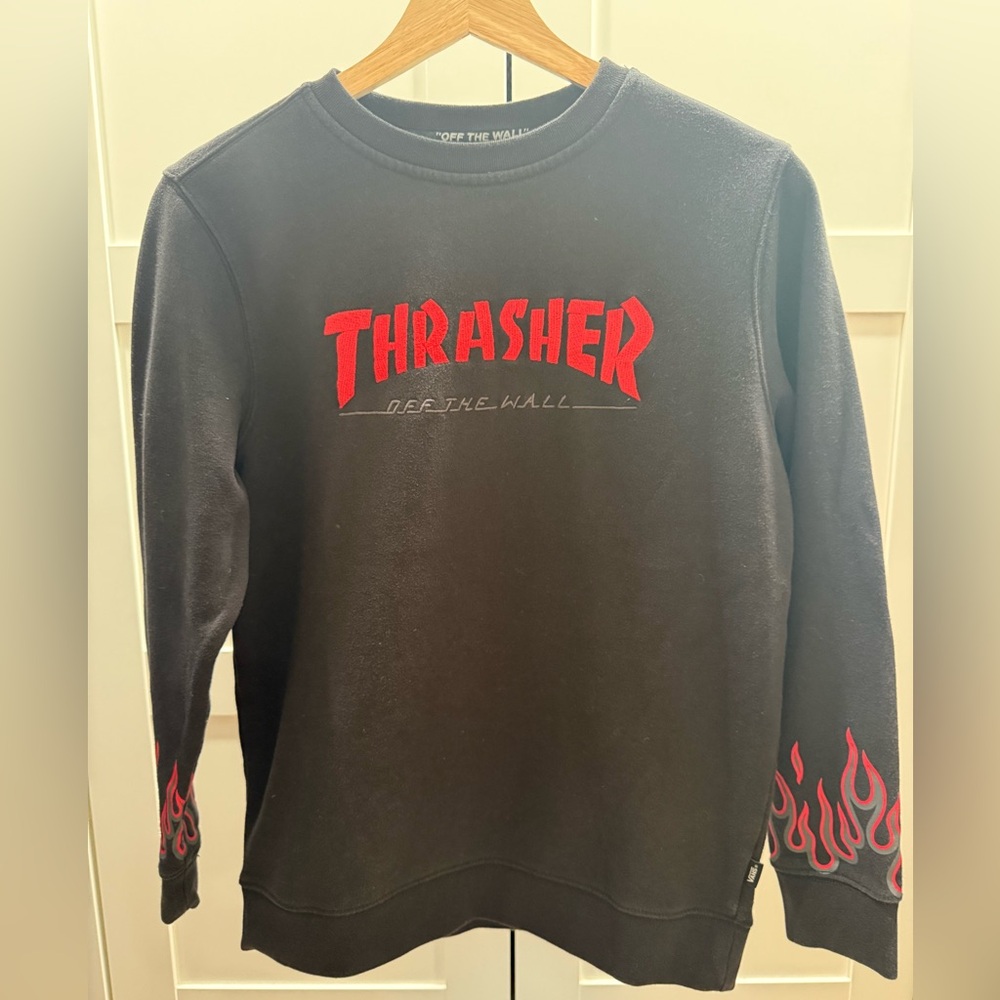 Vans x Thrasher Kids Black Sweatshirt with Red Flame Design